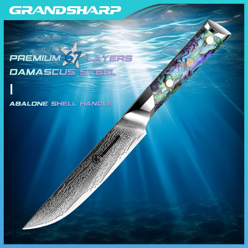 Damascus 5''Steak Knife AUS10 Japanese Damascus Steel Chef Knife Utility Petty Tomato Slicing Cooking Tools Abalone shall Handle