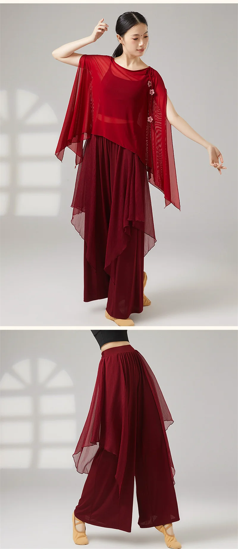Damen-Hose für modernen Tanz, doppellagig, elastisch, hohe Taille, weites Bein, fließende Hose für klassischen Tanz, chinesisches Volkstanzkostüm – Detail 6