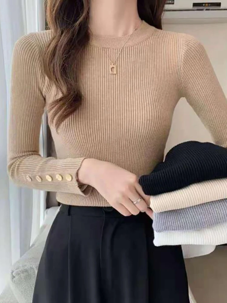 2024 women sweater pullovers khaki casual autumn winter button o-neck chic sweater female slim knit top soft jumper tops