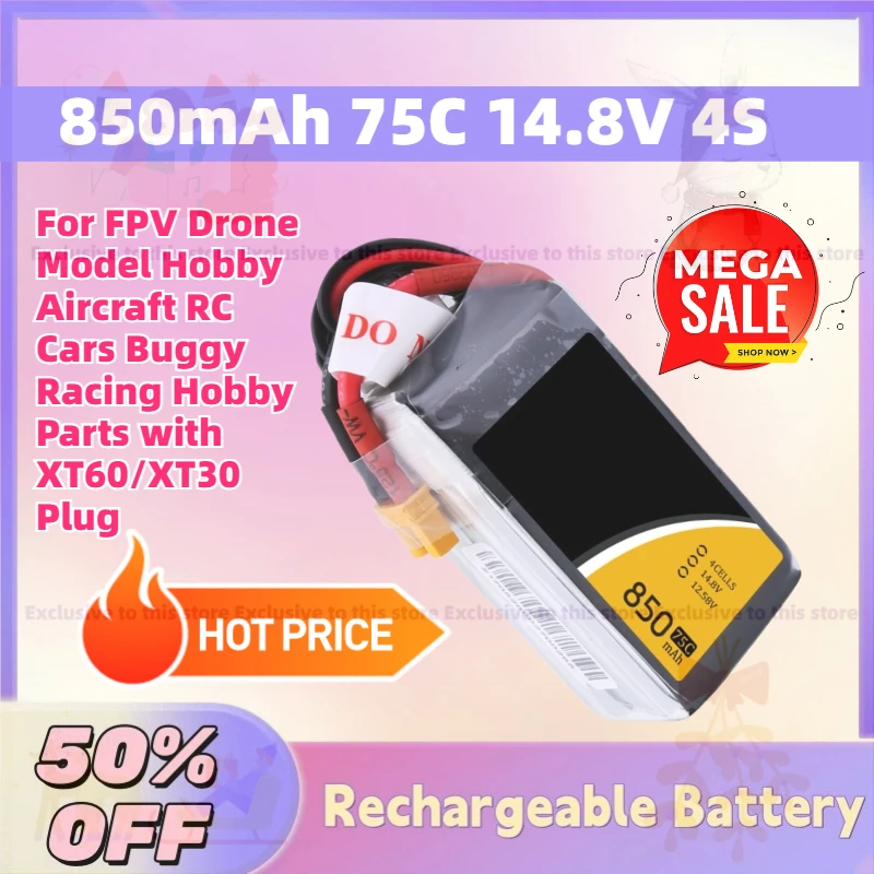 

850mAh 75C 14.8V 4S Lipo Battery Battery for FPV Drone Model Hobby Aircraft RC Cars Buggy Racing Hobby Parts with XT60/XT30 Plug