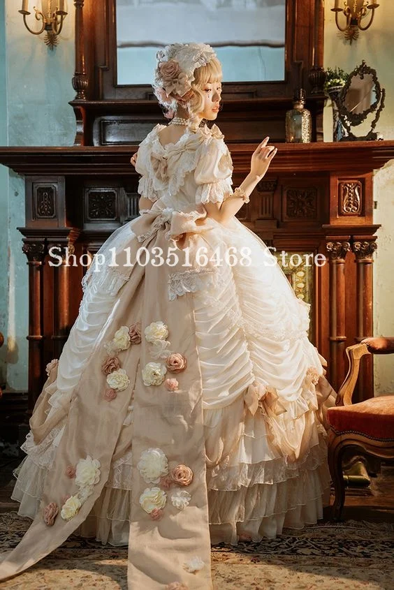 Fantasy Lolita Prom Evening Dress Khaki Princess Puffy Corset Tie Floral Embroidery Women's Party Customised Vestidos De Fiesta