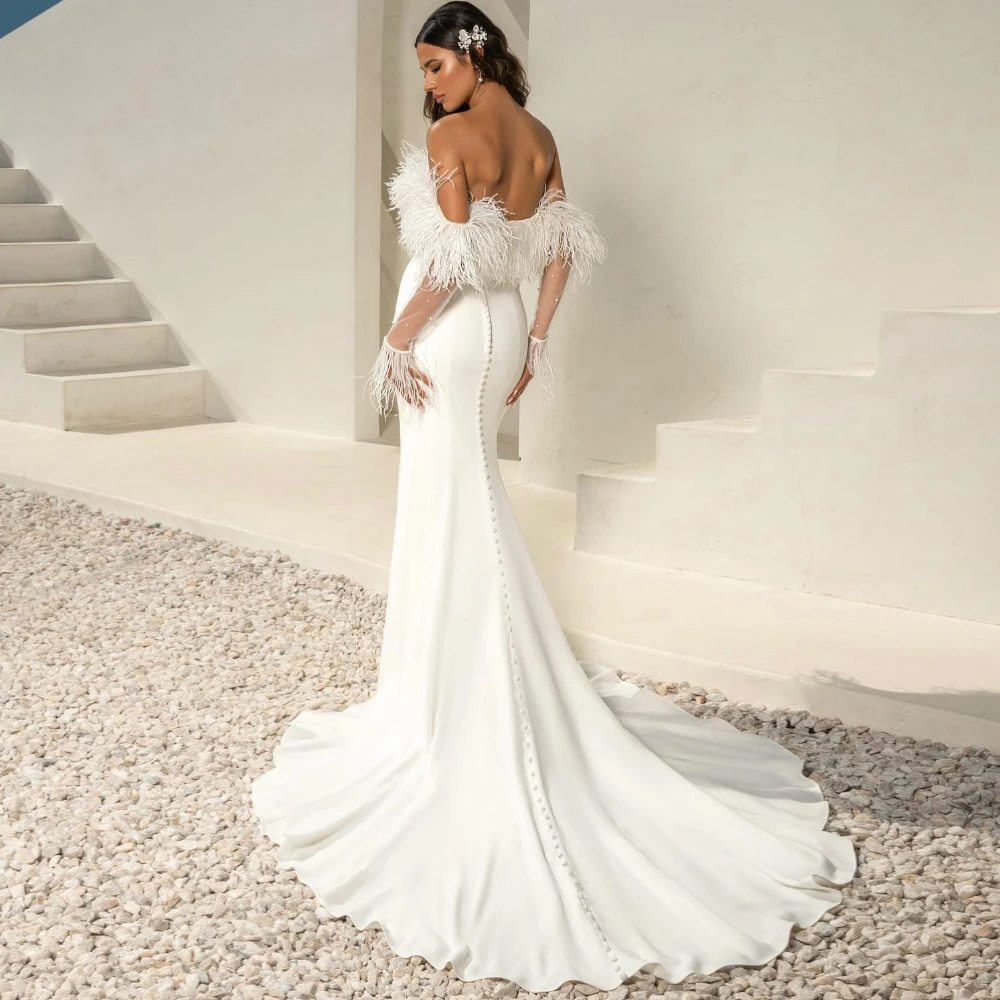 

Customized Sexy White Jersey Wedding Dress Soft Boat Neck Off the Shoulder Bridal Gown Boho Mermaid Court Train Vestido De Novia