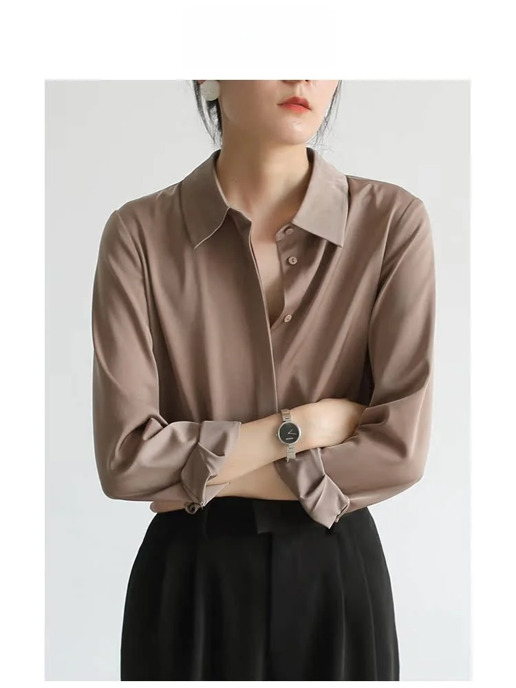 

Shallow Streams Satin Long Sleeve Women's Shirt Commute Professional Drapey Style Slim Fit Pure Color Business Casual Shirt
