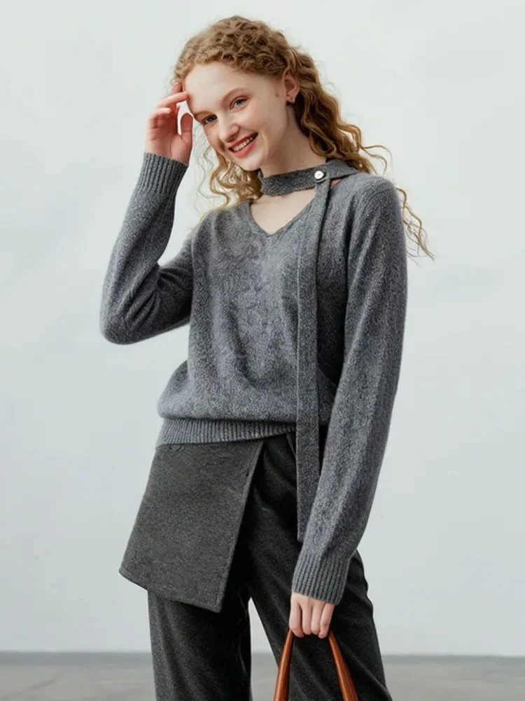 

ZhuoZhi V-Ne Knitted Sweater with Button Loose Soft ey Easy-To-Wear Overhead French Sle Long Sve Casual Comfortable