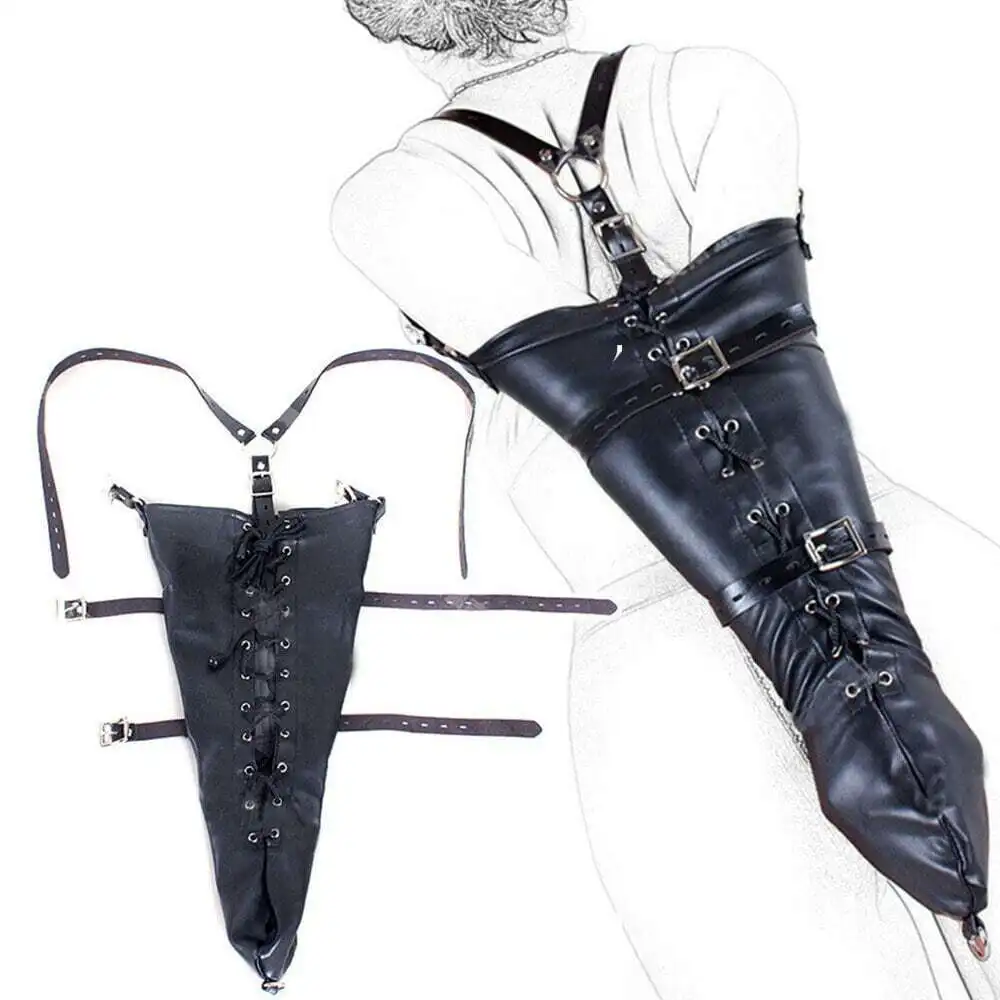 BDSM PU Leather Zipper Leather Single Glove Over Shoulder Bondage Straps Sexy Full Sleeve One Arm Binder Restraint With Zip