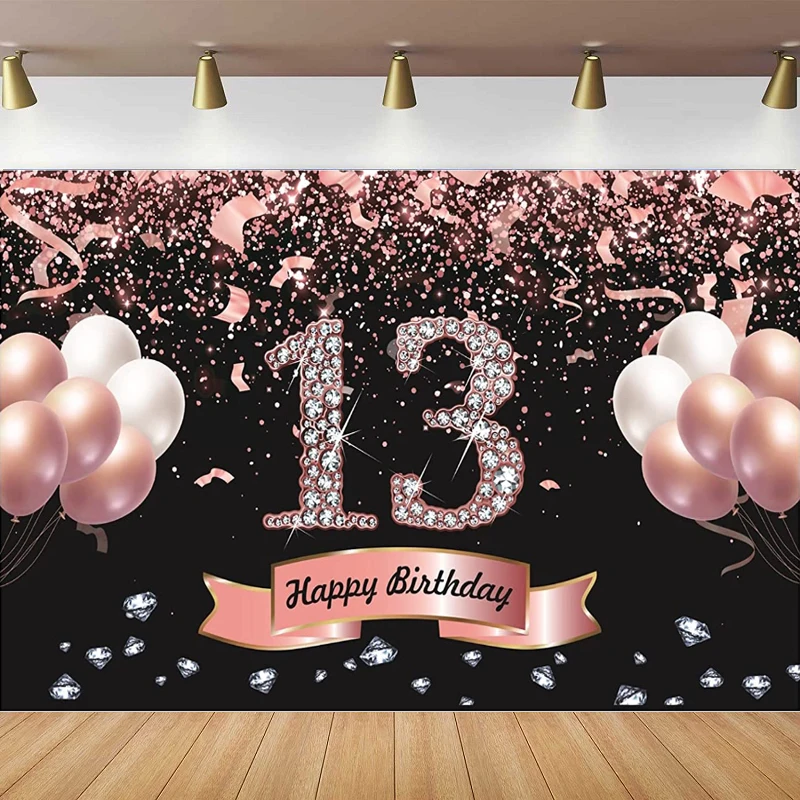 Rose Gold Photography Backdrop Banner Teenager Birthday Party Suppiles Background Thirteenth 13th Year Old Birthday Decoration