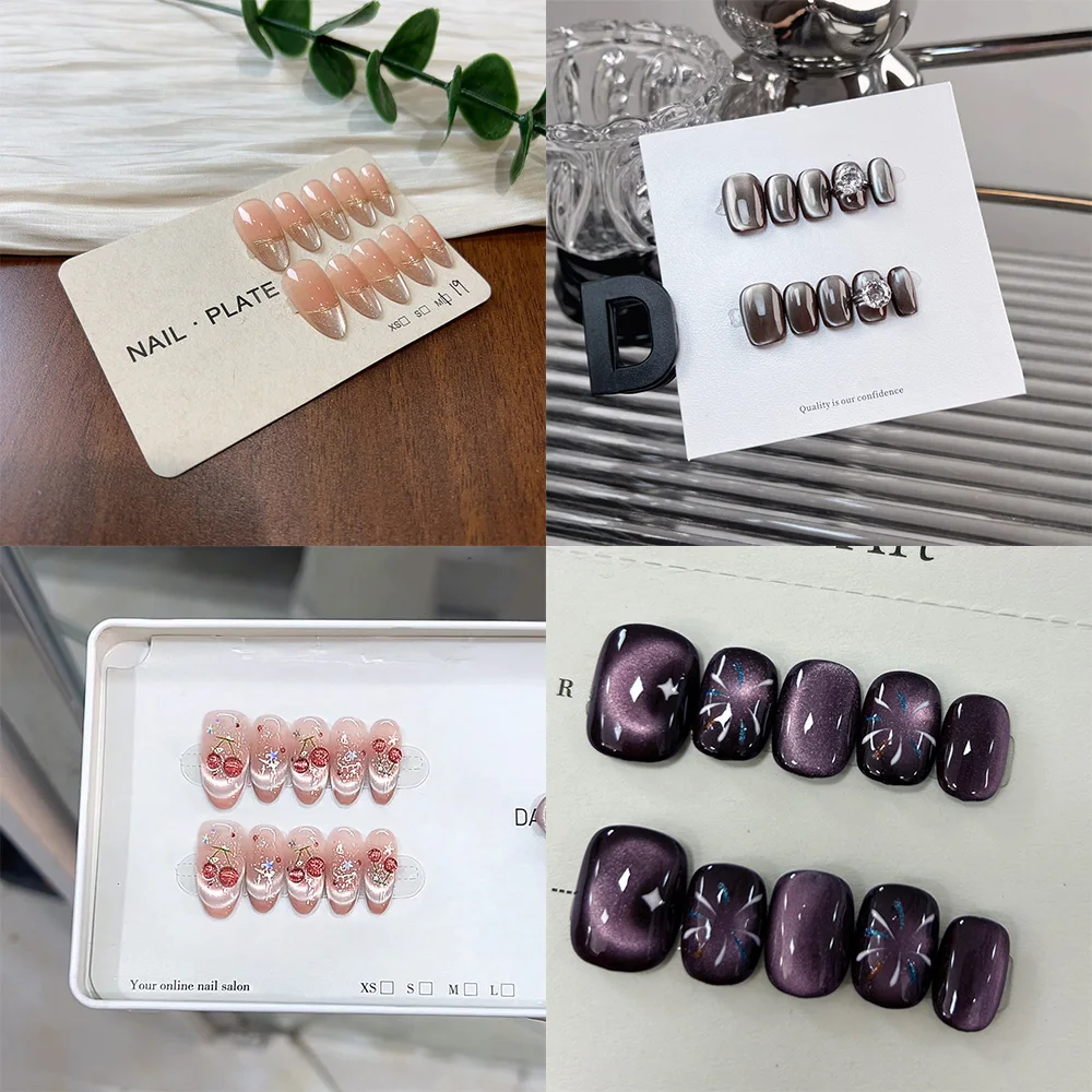 

10 шт. накладных ногтей цвета нюд-розовый с эффектом кошачьего глаза, широкие, с блестками, дизайн «вишня», ручная работа, накладные типсы, фиолетовые, с эффектом фейерверка, для нейл-арта