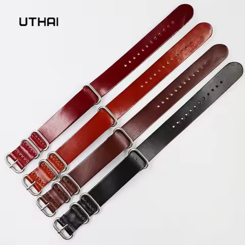 UTHAI Leather Strap18mm 20mm 22mm 24mm Oily Vintage Watch Band watch strap with five-ring Silver buckle steel thic Z116