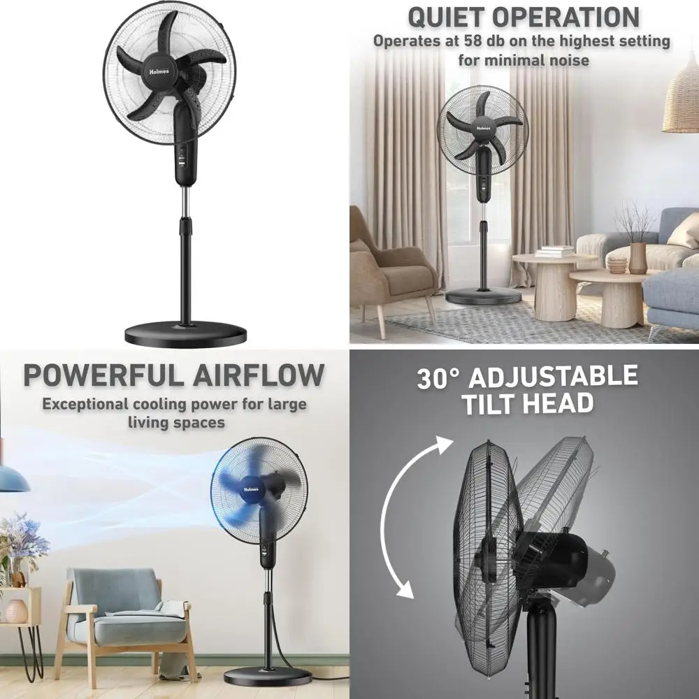 

18-дюймовый 3-скоростной осциллирующий вентилятор - регулируемая высота, 30 ° Регулировка наклона, бесшумная работа для дома и офиса, черный цвет