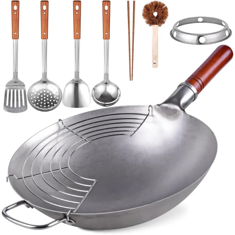 

Carbon Steel Wok Traditional Hand Hammered - 13.4" Chinese Woks Round Bottom Wok Pan Set with 8 Pcs Cookware Accessories