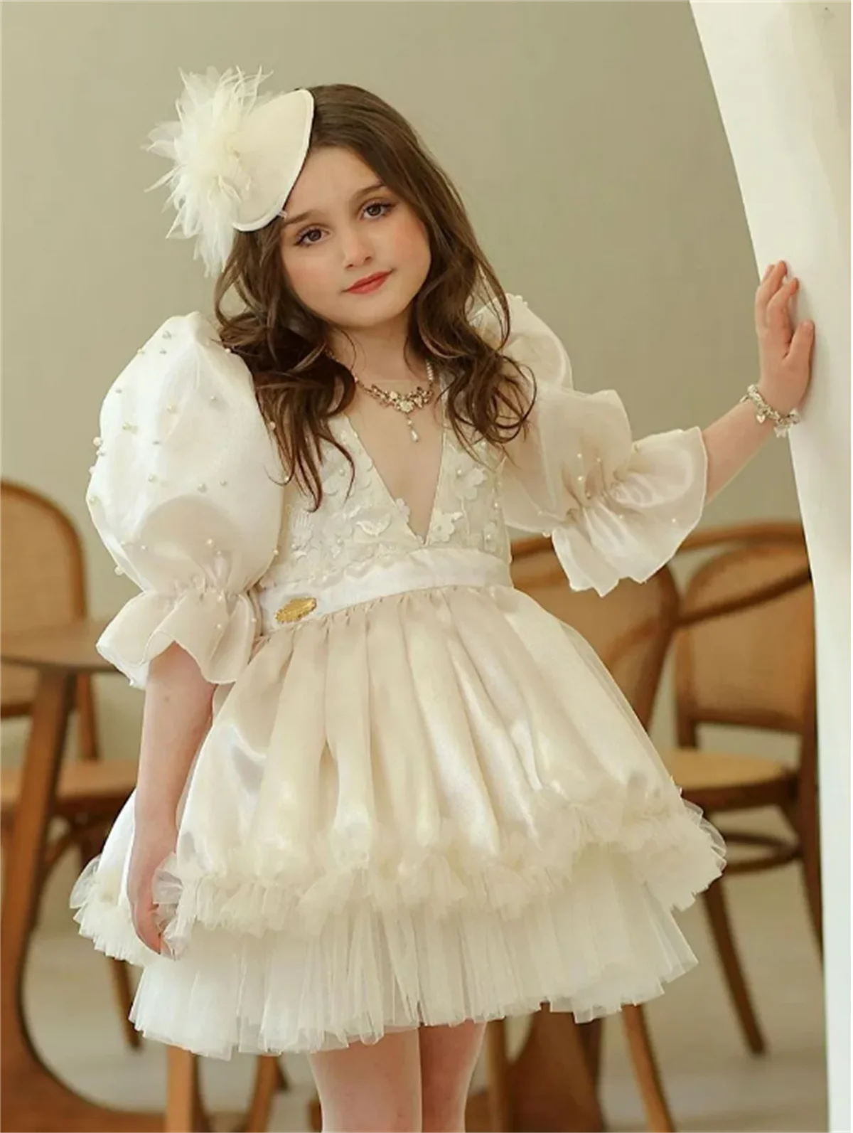 Flower Girl Dresses Ivory Fluffy Stain Lace Applique Skirt Wedding Elegant Flower Child\'s First Communion Birthday Party Dress