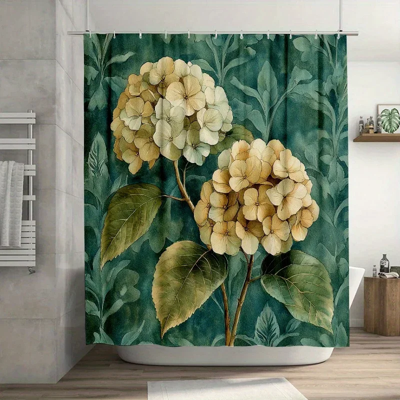 ~O~1pc Hydrangea Print Shower Curtain - Cartoon Theme, 71x71 Inch, Polyester, 12 Hooks, Hand Wash, Woven Texture