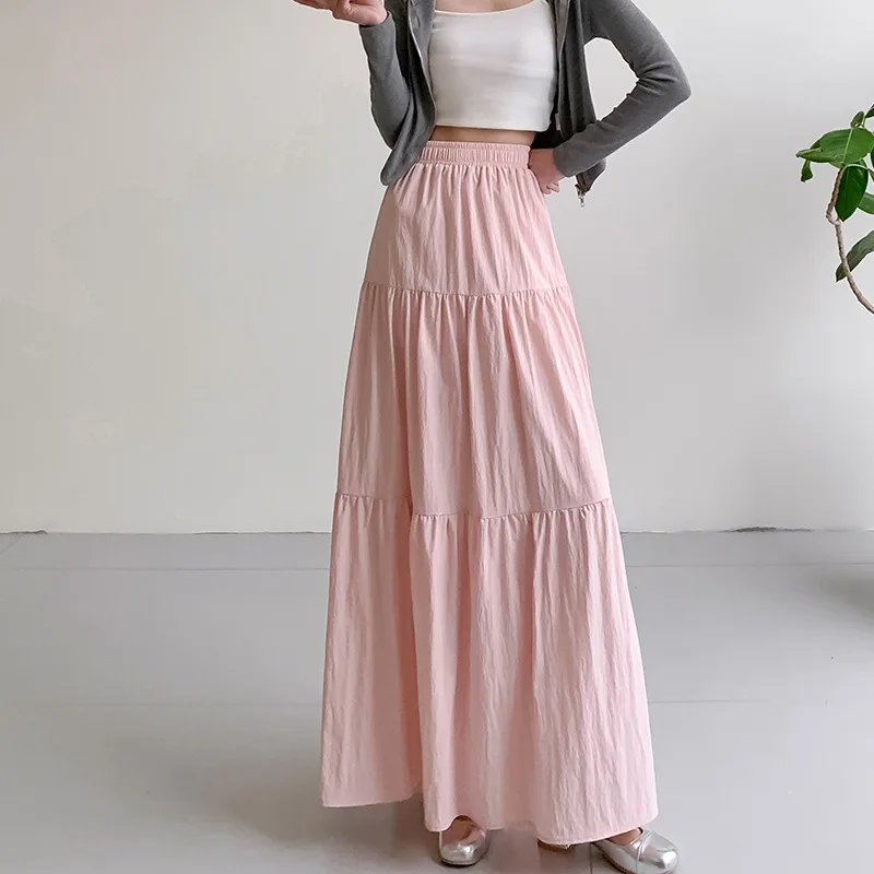 

Chic Skirts for Women White Pink Sweet Ins Girls Simple High Waist All-match Korean Style Students Summer Long Clothing Elegant