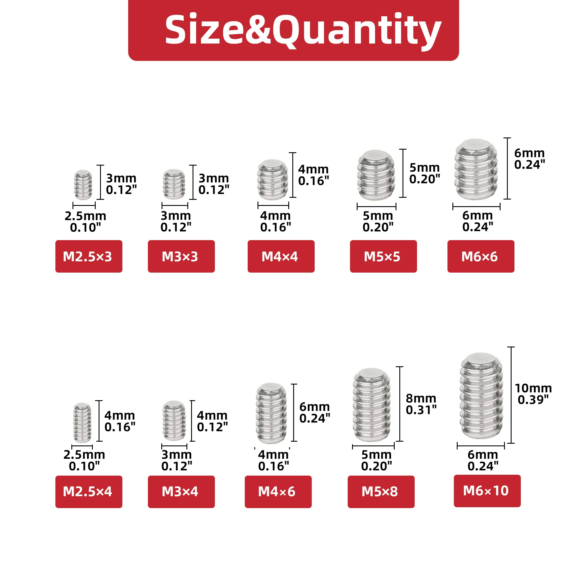 

304 Stainless steel Hex socket Head set screws M2.5 M3 M4 M5 M6 Hexagon Socket Flat Point Set Screw End Grub Headless Bolt