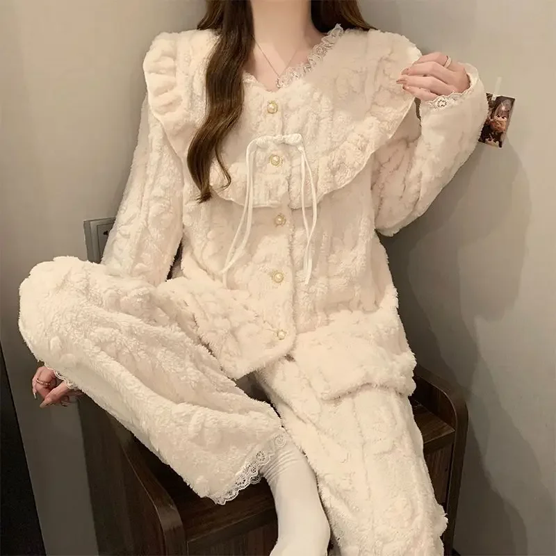 2024 Winter Long Sleeve Thick Warm Flannel Pajama Sets For Women Korean Cute Lace Coral Velvet Sleepwear Pyjama Homewear Clothes