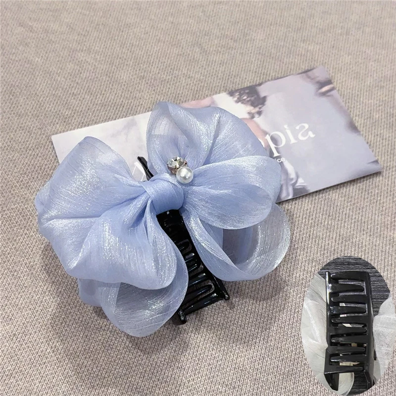 Double-layer Mesh Bow Hair Clip for Woman Elegant Temperament Shark Clip Fashion Girl Back of The Head Ponytail Clip Hair Clamp