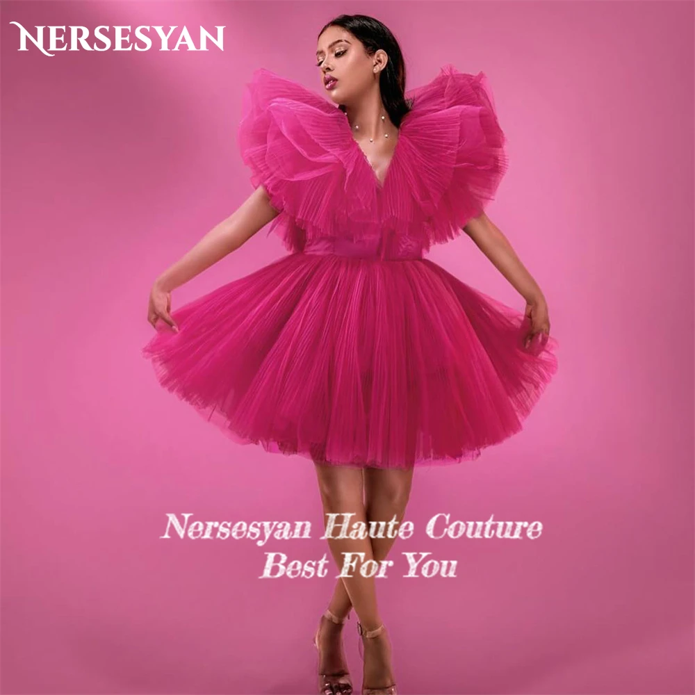 Nersessuperb-Robe de soirée rose élégante, col en V, volants à plusieurs niveaux, ligne A, plis, remise des diplômes, mini, dos nu, robes de soirée, fibr2024