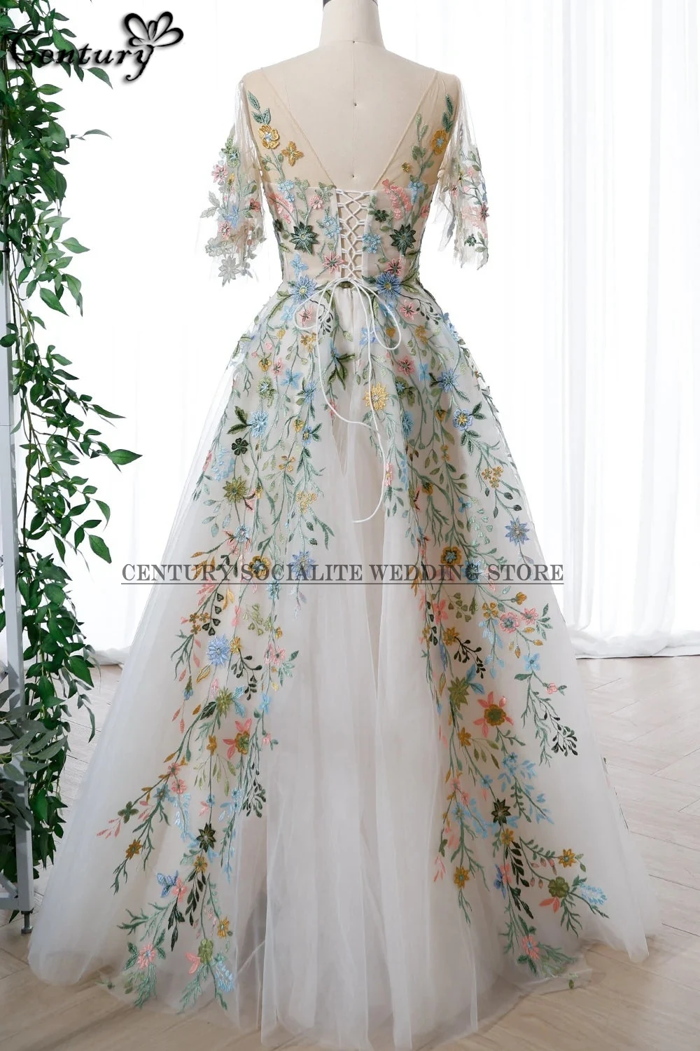 Floresta fada floral vestido de casamento feminino manga curta rendas até colorido bordado flores vestidos de noiva robe de mariee personalizado