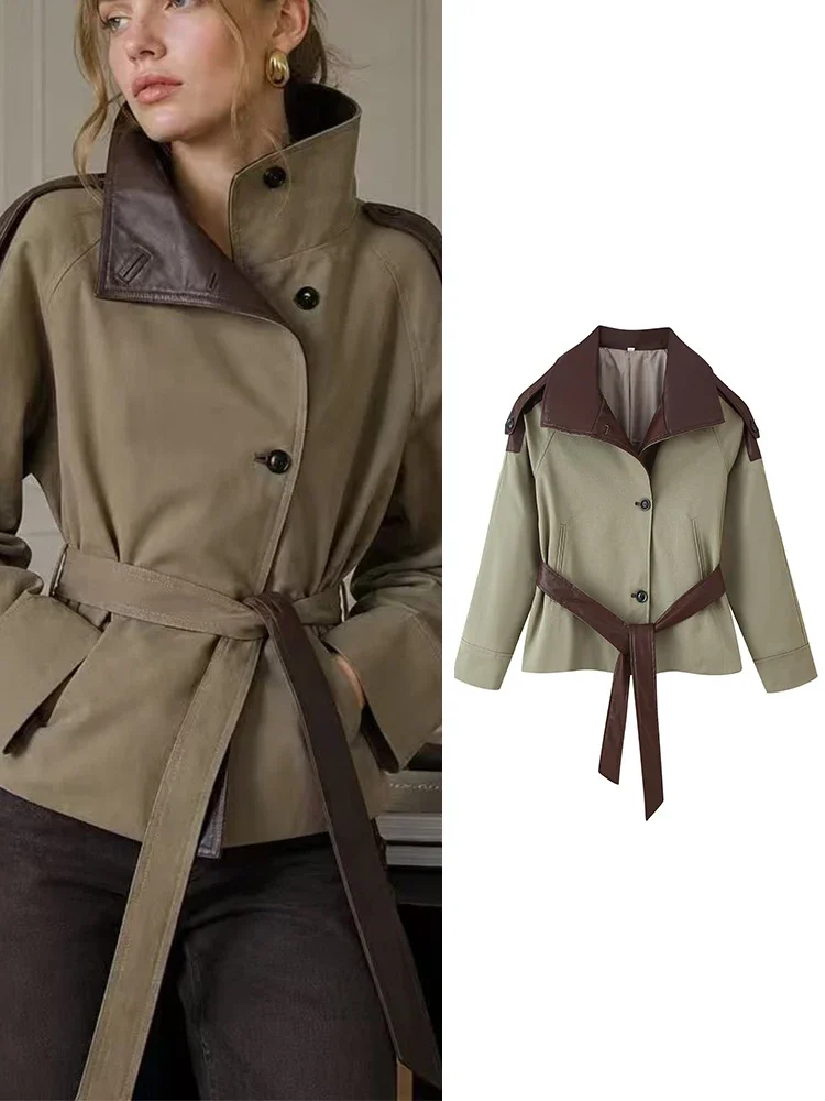 Women's Belt TFMLN Trench Jacket Stand-Collar Commute Style Leather Patchwork Short Jacket Coat Simple Fashion Jacket New