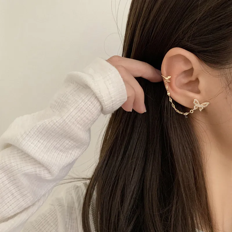 Zircon butterfly asymmetrical ear bone clip earrings one-piece female net celebrity super fairy fringe stud earrings