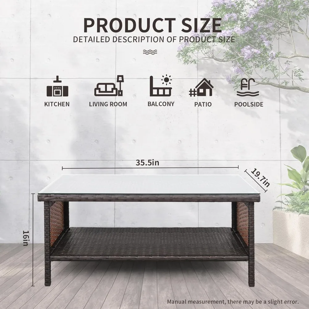 Outdoor PE Wicker Coffee Table - Patio Rattan Garden Side End Tea Table with Glass Top Furniture