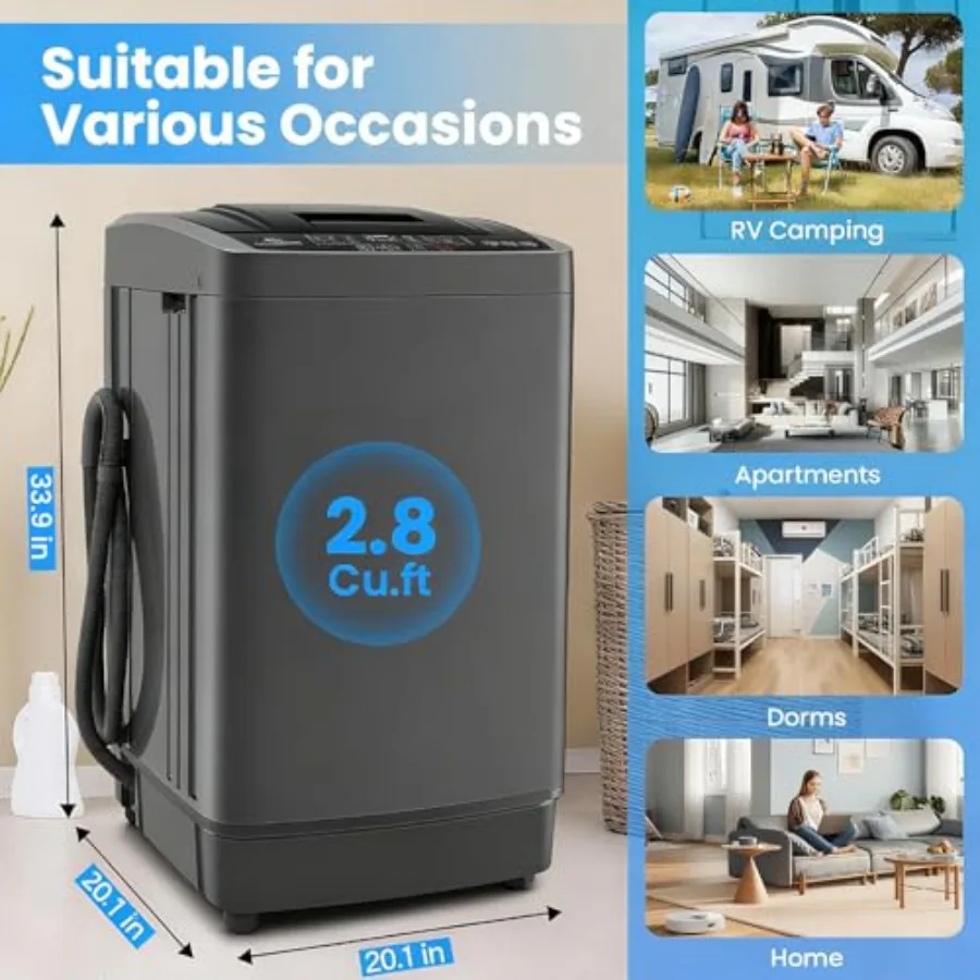 Mesin Cuci Portabel 2.8 Cu.ft dengan Kapasitas 20 lbs, Mesin Cuci Otomatis Penuh Dilengkapi Pompa Pembuangan, 10 Program Cuci dan Layar LED