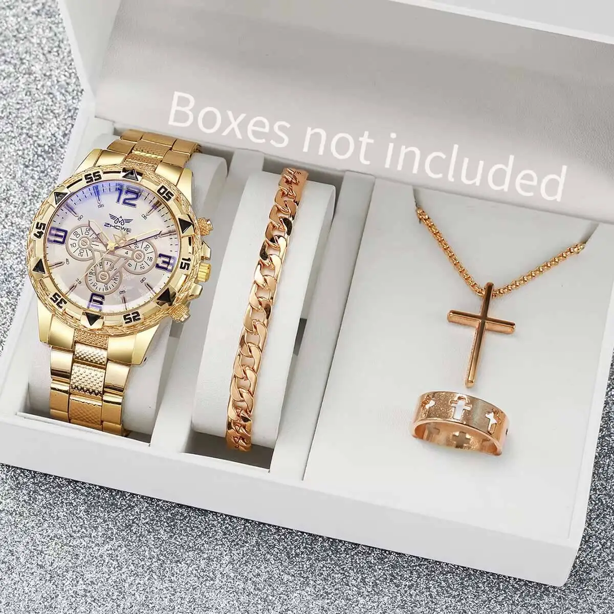 4PCS Fashion Business Men Watches Large Dial Male's Analog Quartz Watch Clock Jewelry Set Reloj Hombre（Without Box）