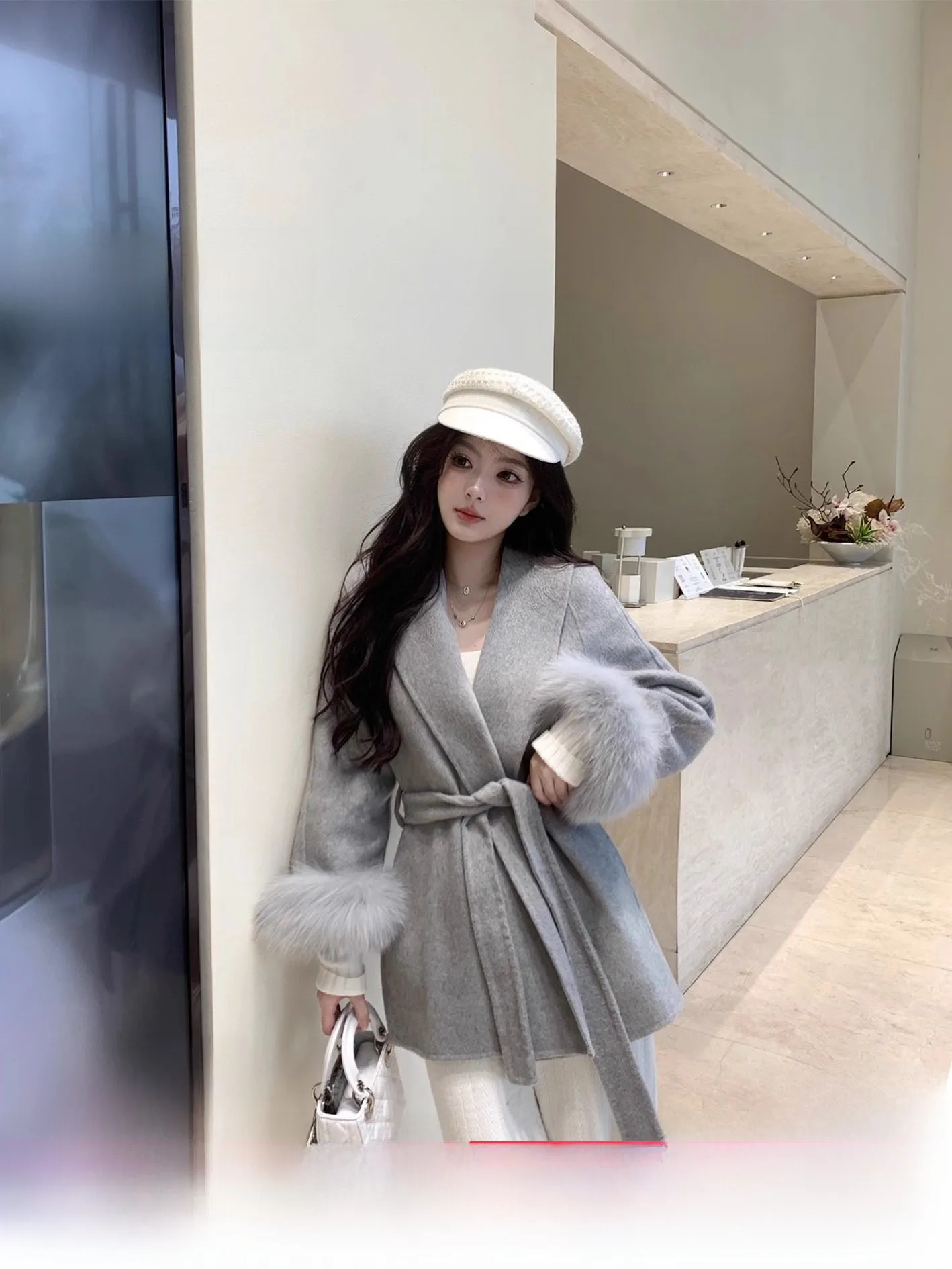 

Двусторонний шерстяной меховой плащ, пальто Ele Simple Sle, женская верхняя одежда V-Ne Long Sve Regular Thin