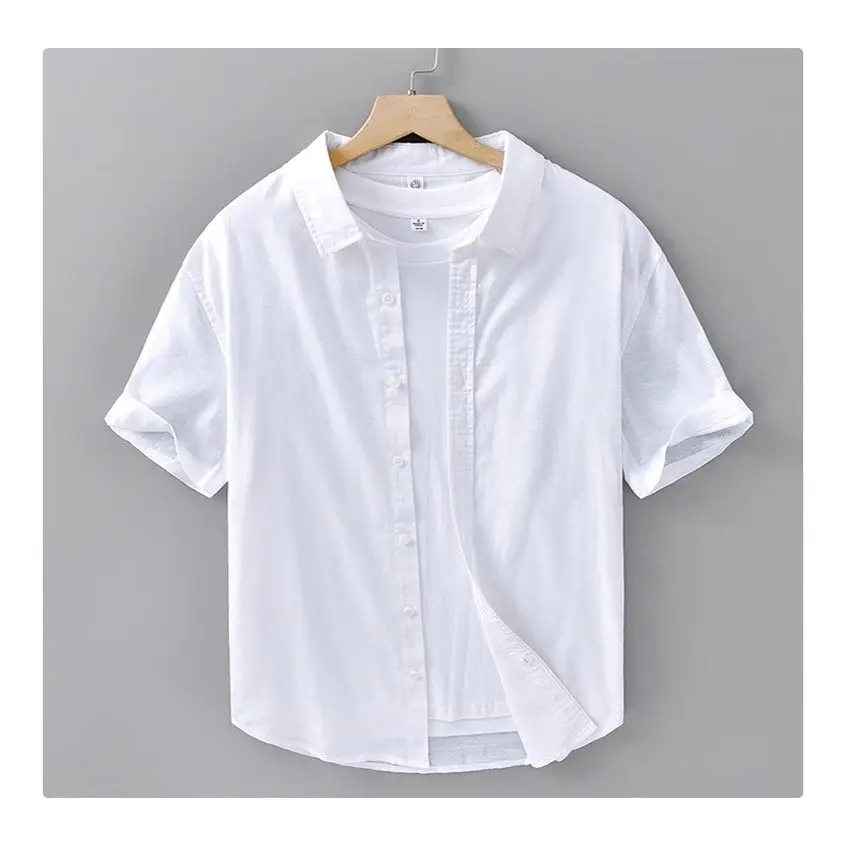Summer Men's Linen Shirt Casual Thin Short Sleeve Loose Fit Pure Color Versatile Breathable Lightweight Classic Style Button up
