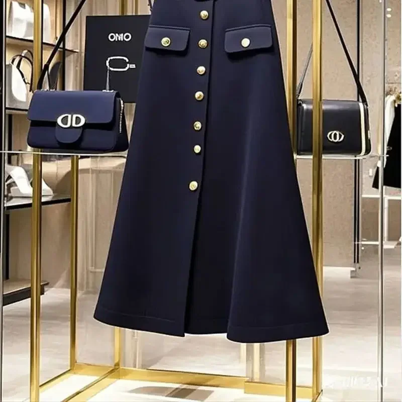New Elegant Fashion Woolen Skirt Women High Quality High Waist Single Breasted Loose A-Line Solid Color Midi Skirts Office Lady