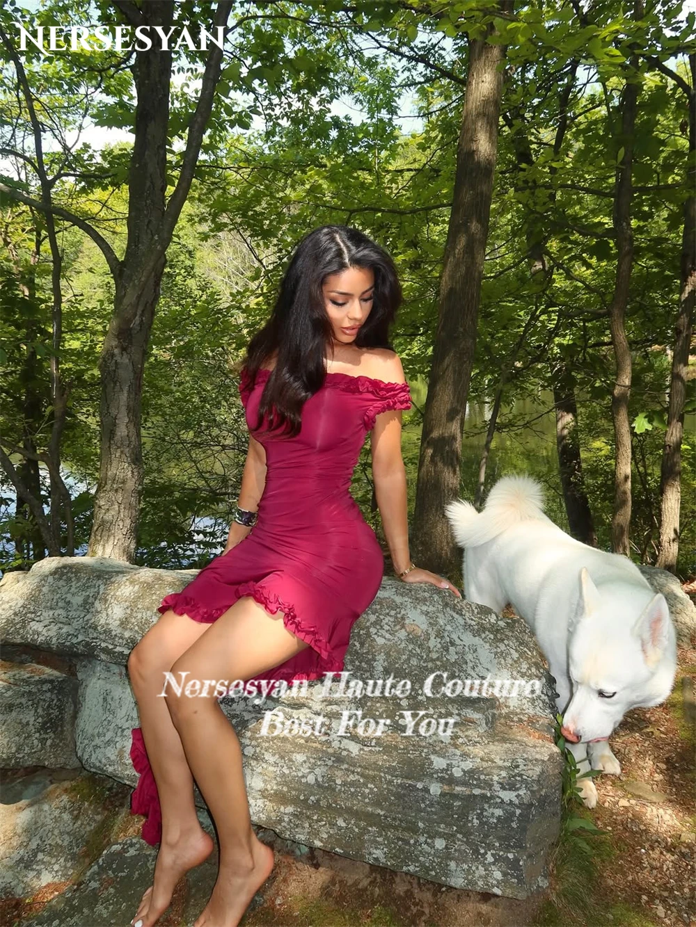 Nersesyan Sexy rouge robes de soirée épaules dénudées volants sirène fente latérale équipée célébrité 2025 robes de soirée de Cocktail personnalisé