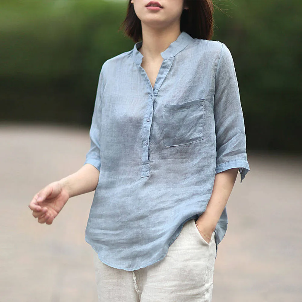 Women Summer Casual Cotton and Linen Stand Collar Shirt  Loose Mid-length Sleeve Shirt