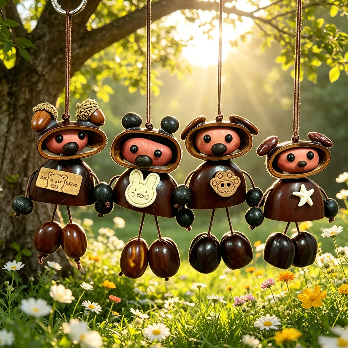 Handmade Natural Fruit Shell Wind Chime Cute Cartoon Pendant Rattle Bag Charm Boho Hanging Ornament Decor Creative Souvenir Gift