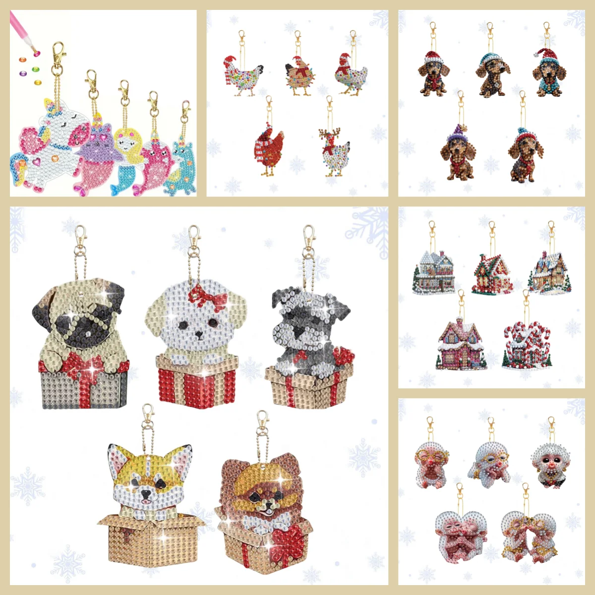 

5 DIY animal-themed diamond art painting sets, with crystal embellishments and embroidered keychains