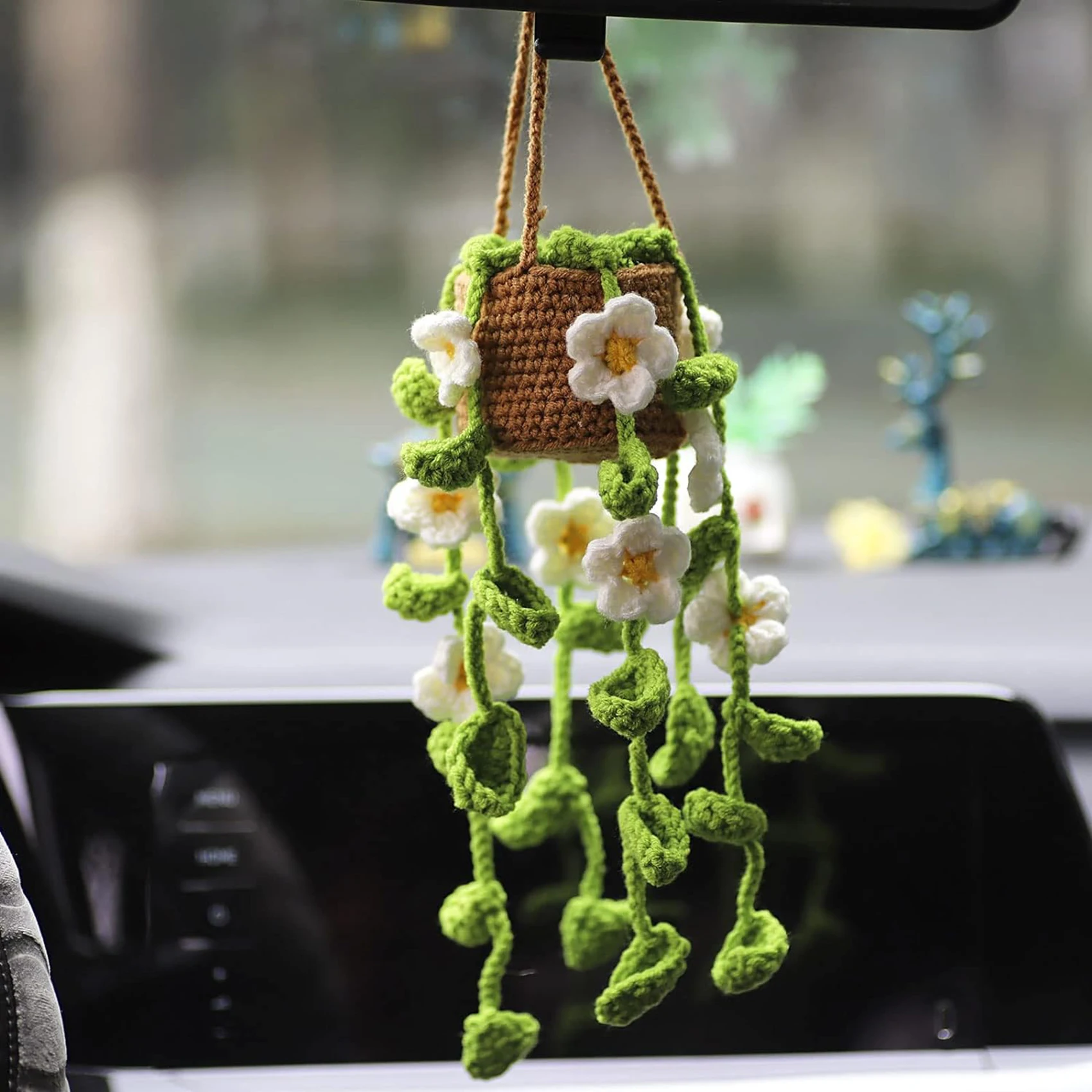 Car Pendant Handmade Knitted Woven Hanging Basket Flower Rearview Mirror Decoration Car Creative Pendant