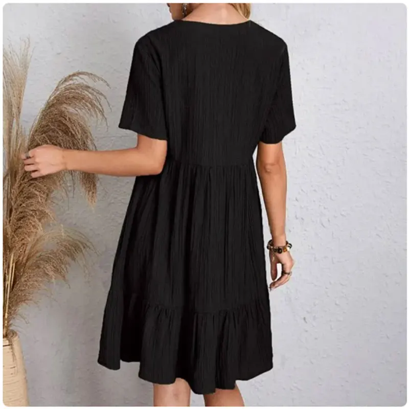Vestido de verano para mujer con peplum, escote en V, manga corta, cintura suelta, volantes, corte evasé, para vacaciones 6