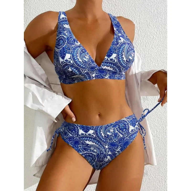 

2025New Swimsuit Printed Sexy High Waist Drawstring Bikini separates Swimsuit