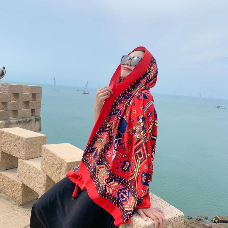 

Summer beach shawl women, silk scarf, bohemian ethnic style outdoor shawl, elegant scarf