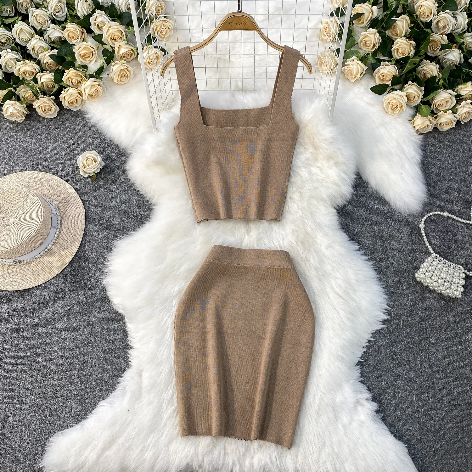 여름 여성 라인스톤 니트 슈트 스퀘어넥 캐미솔 슬림핏 스커트 투피스 세트 미국 캐주얼 패션 파티 여성 세트