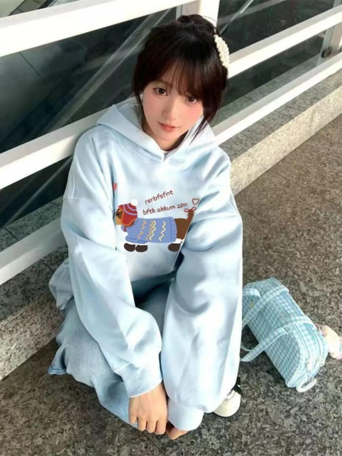 

Retro American Dog Print Hoodie Women's Thickened Fleece Autumn Winter Casual Versatile Outerwear Trendy Loose Fit Sweatshirt
