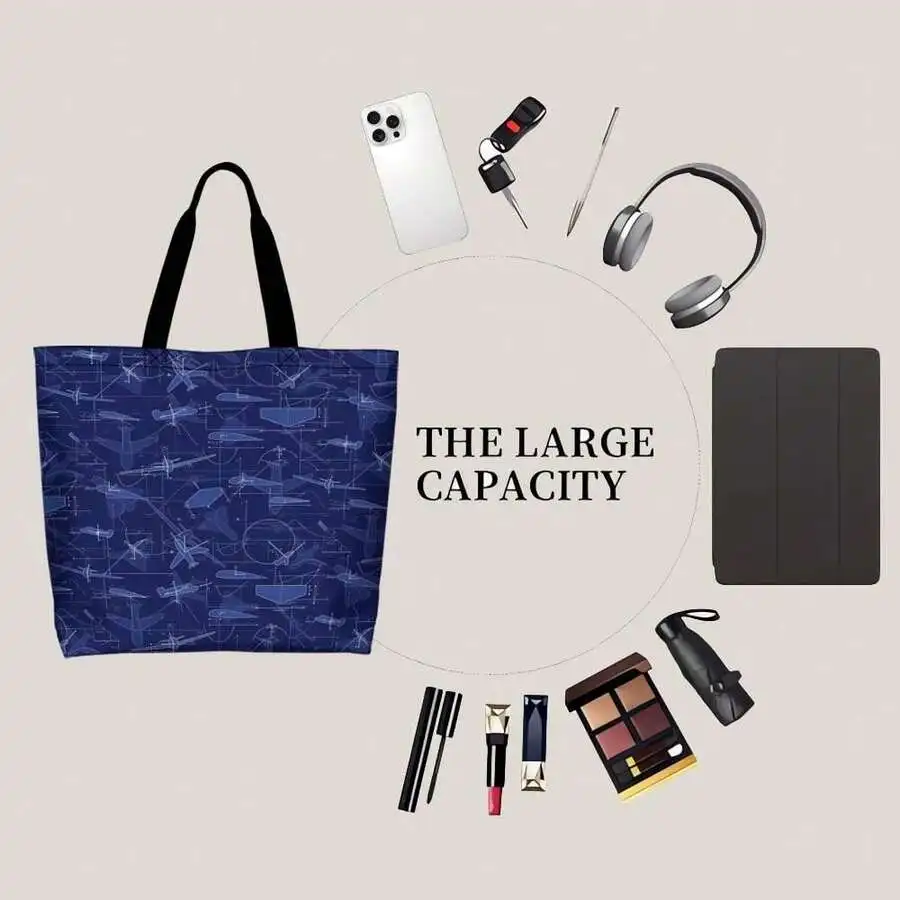 

Large Capacity Tote Bag With Airplane Blueprint Pattern For Adults