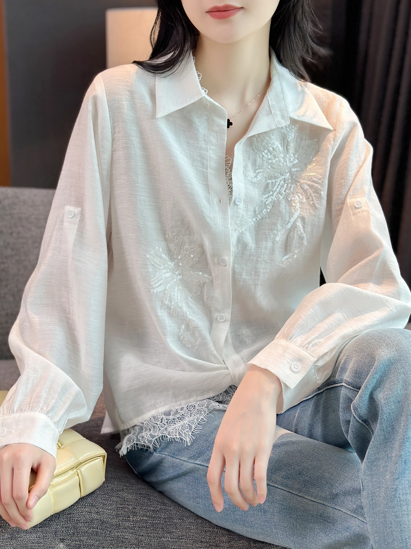 

Exquisite Lace Embroidery Vest Two-Piece Set with Heavy Beads Tianli Linen irt Women's Breathable Casual Long Sve irt