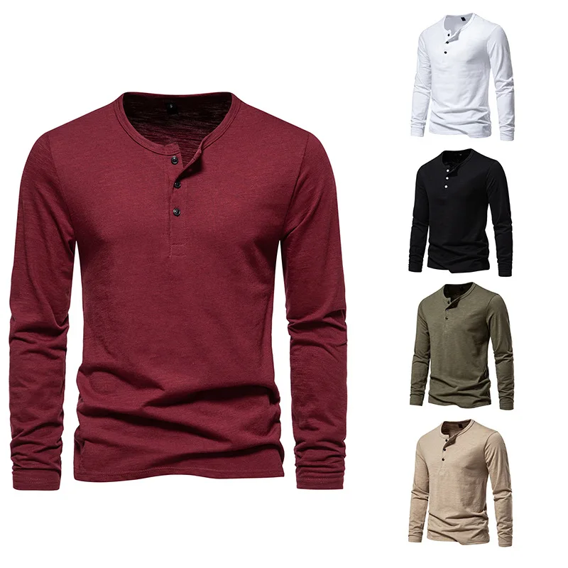 Spring and Summer New Men's Casual Colored Three Button Henry Cotton Long Sleeved T-shirt Instagram Trendy