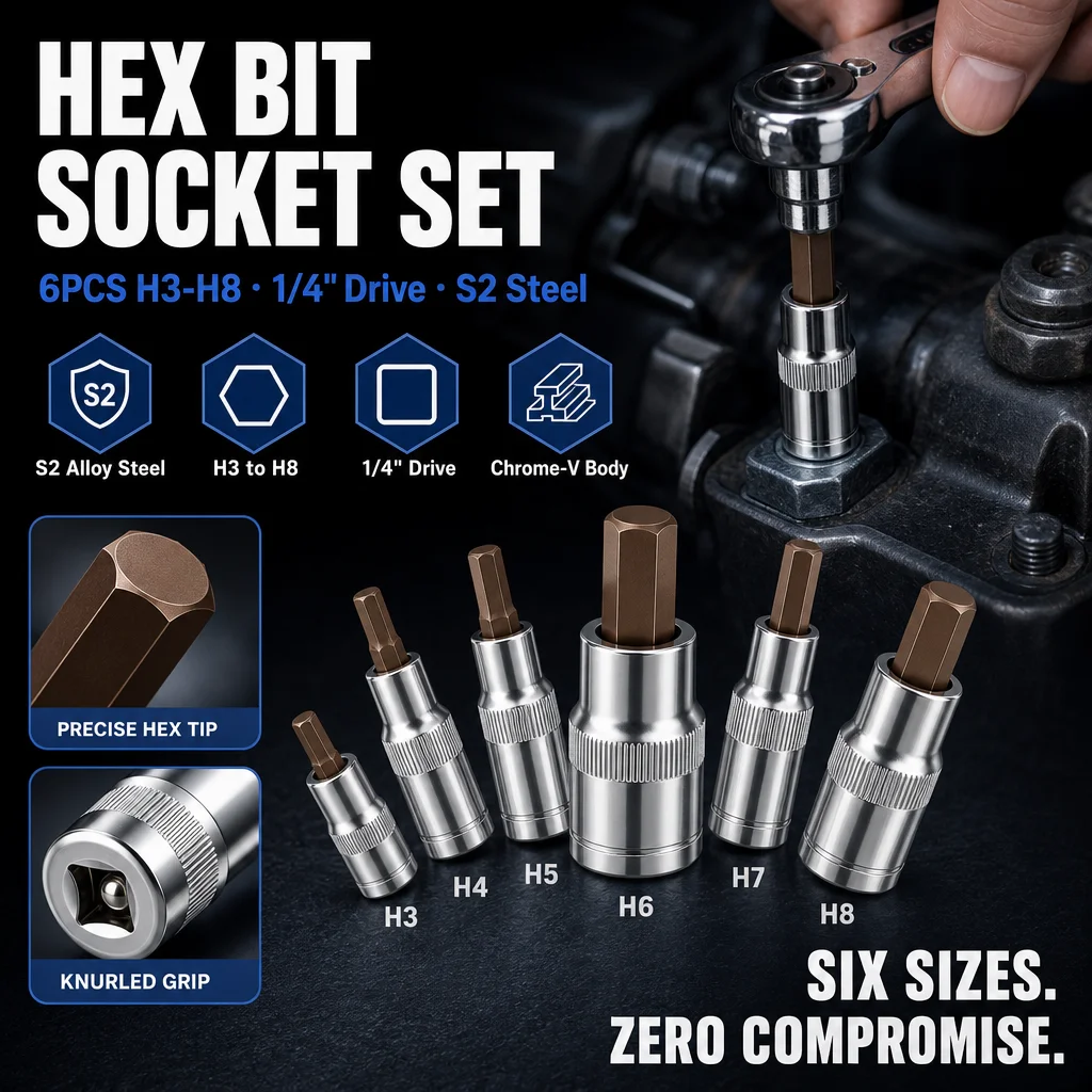 6PCS 1/4 Inch Hex Bit Socket Set H3 H4 H5 H6 H7 H8 S2 Alloy Steel Allen Key Bits for Ratchet Driver Torque Wrench DIY Repair