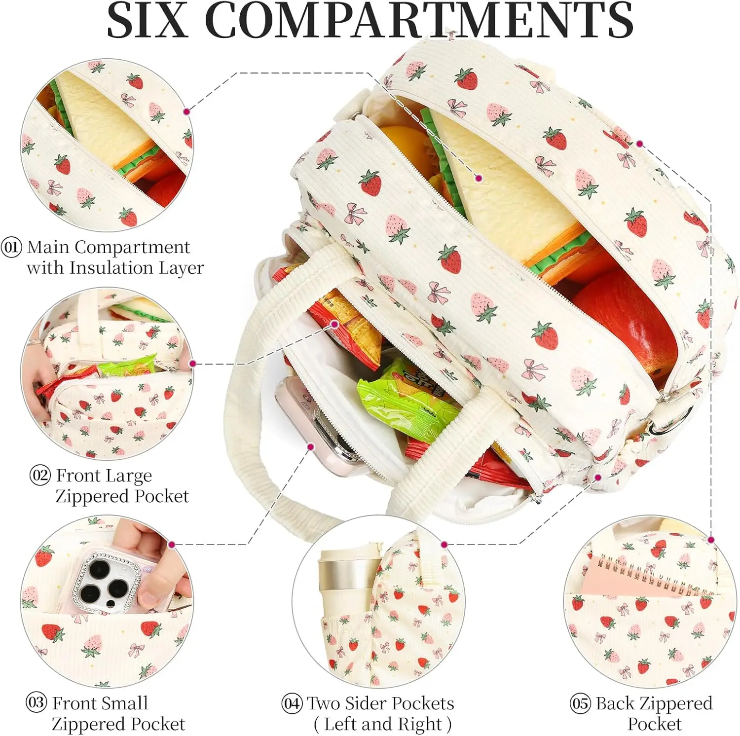 Insulated strawberry Corduroy Lunch Tote Cute Lunch bag with Shoulder Strap, Multiple Pockets, Adult Teacher Nurse