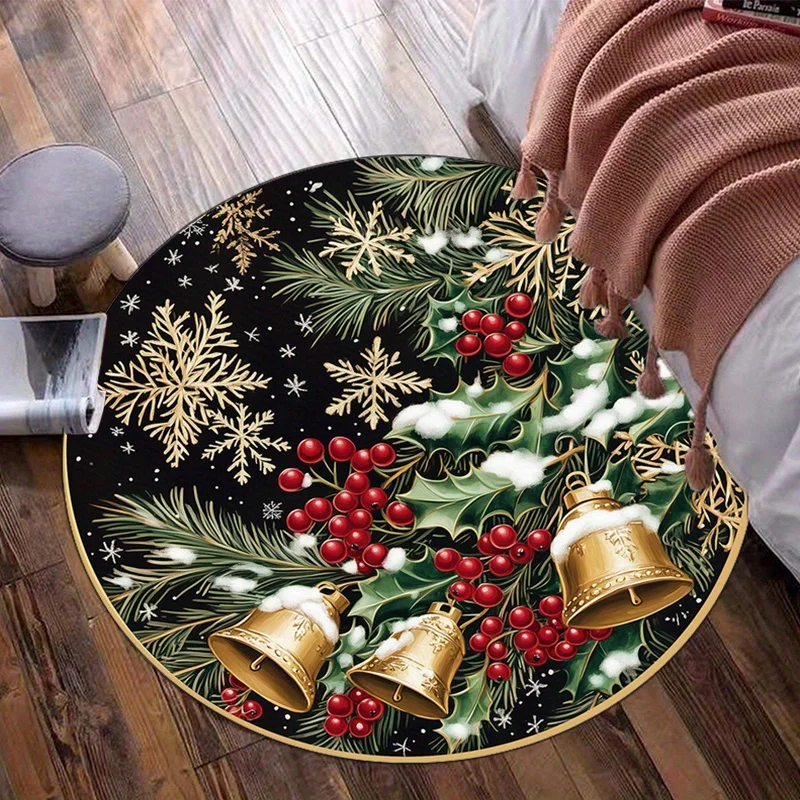 Christmas Snowflake Bell Round Rug Black Green Red Holiday Decoration Home Decor Floor Mat Christmas Theme Living Room Carpet