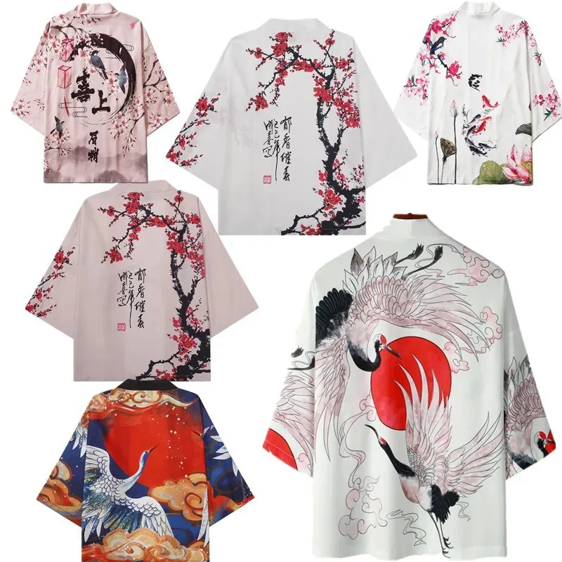 Японское кимоно, кардиган, юката, самурай, мужская и женская рубашка с принтом журавля, пляжная рубашка хаори, Харадзюку Оби, китайский стиль, азиатская уличная одежда 5XL
