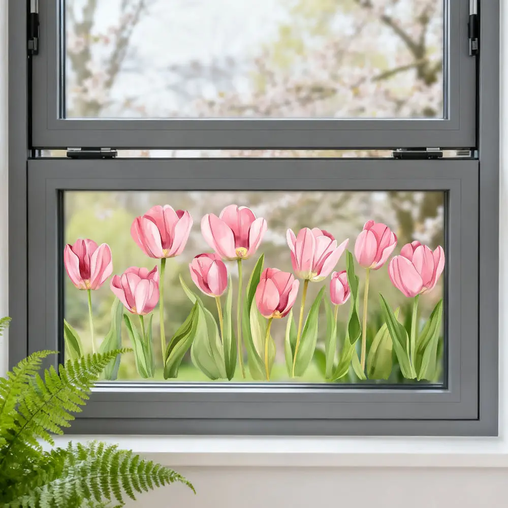 Pink Tulip Window Film Self Adhesive Frosted Glass Sticker Privacy Protection Light Transmitting Decorative Home Decal