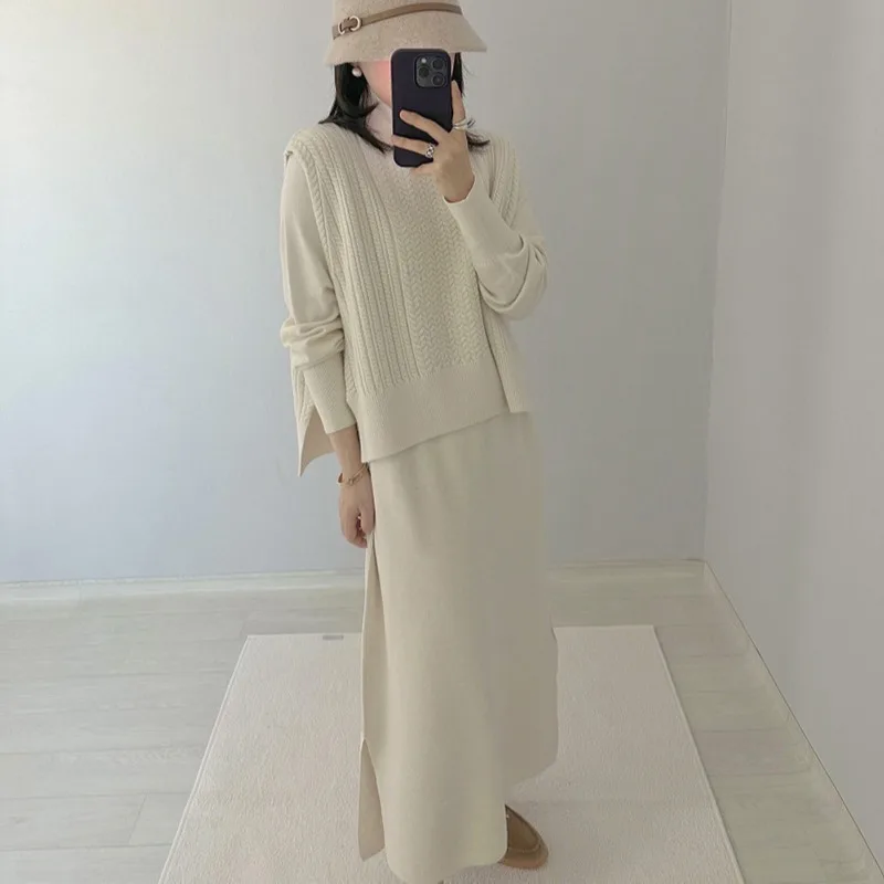 

Корейский Sle Chic, осенне-зимний вязаный свитер с высоким воротником, жилет Dr, комплект из двух предметов, женская модная женская одежда в стиле ретро