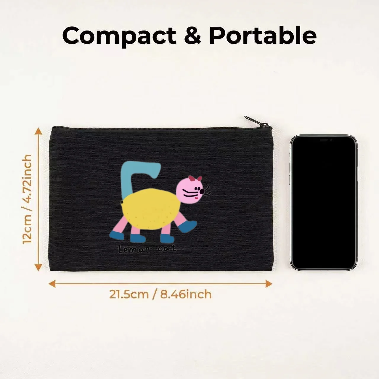 1PC Abstract Lemon Cat Cartoon Print Canvas Cosmetic Bag Double Sided Portable Travel Zipper Pouch
